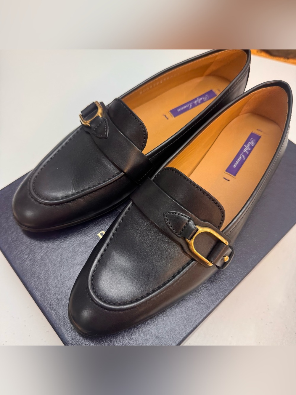 Ralph Lauren Purple Label Black Leather Loafers with Gold Buckle, brand new, 37B